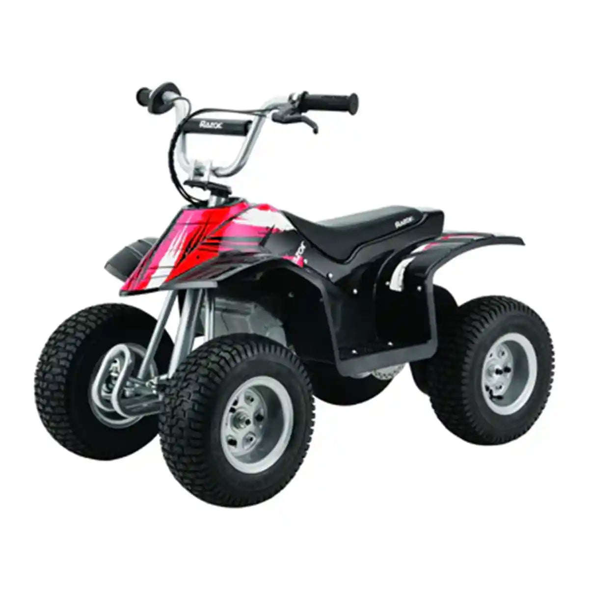 دراجة Razor Dirt Quad الكهربائية رباعية العجلات، بقوة 24 فولت، مناسبة للأطفال من سن 8 سنوات فما فوق، مزودة بخانق دوار، وفرامل قرصية يدوية، وإطارات هوائية 12 بوصة - تصل سرعتها إلى 8 أميال في الساعة، ومدة ركوبها 40 دقيقة.