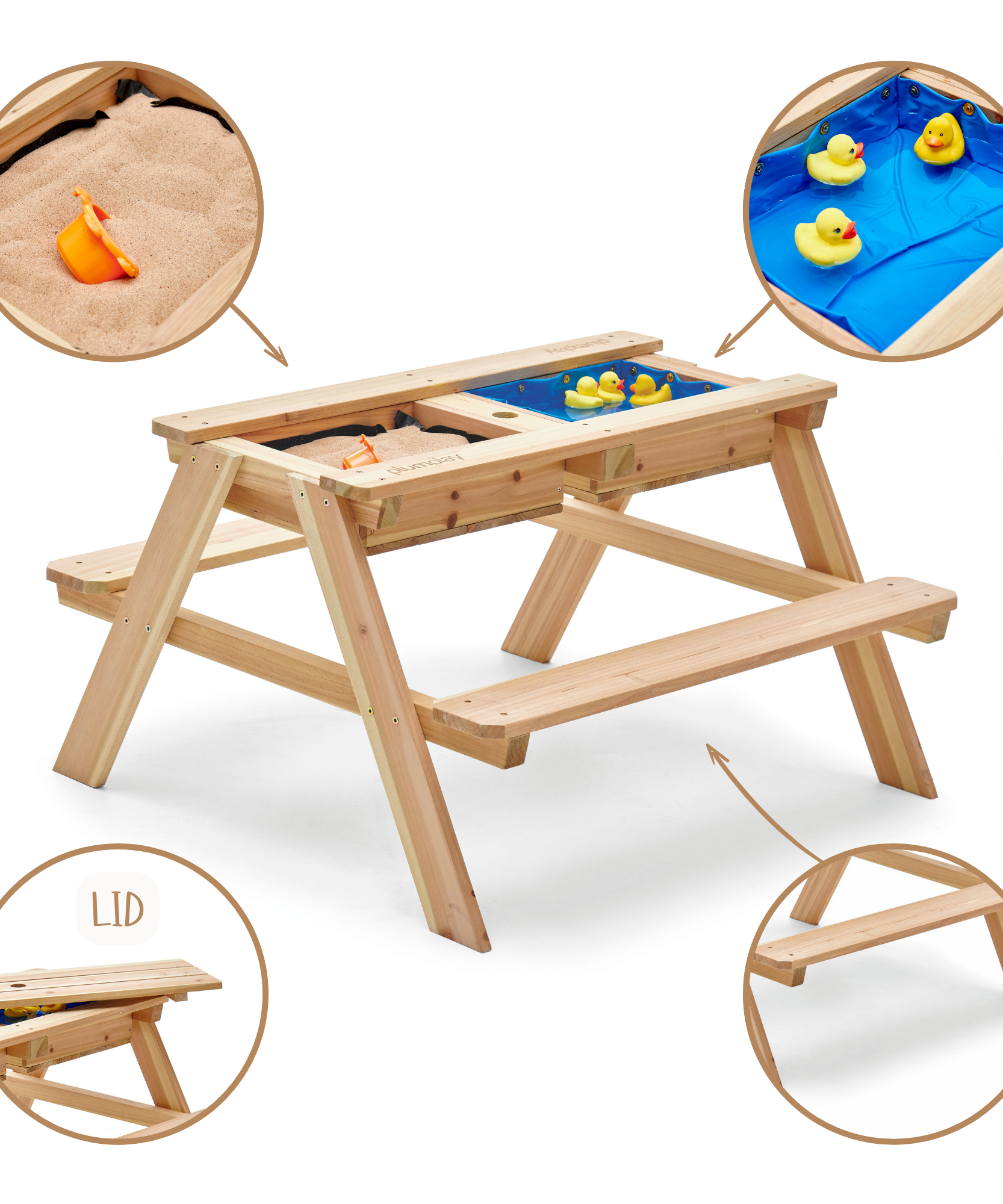 طاولة نزهة خشبية من Plum Surfside للرمل والماء، طاولة متينة 3 في 1 للعب في الهواء الطلق وفي الفناء الخلفي، طاولة لعب أنشطة صيفية مناسبة للأطفال من الأولاد والبنات من سن 18 شهرًا فما فوق