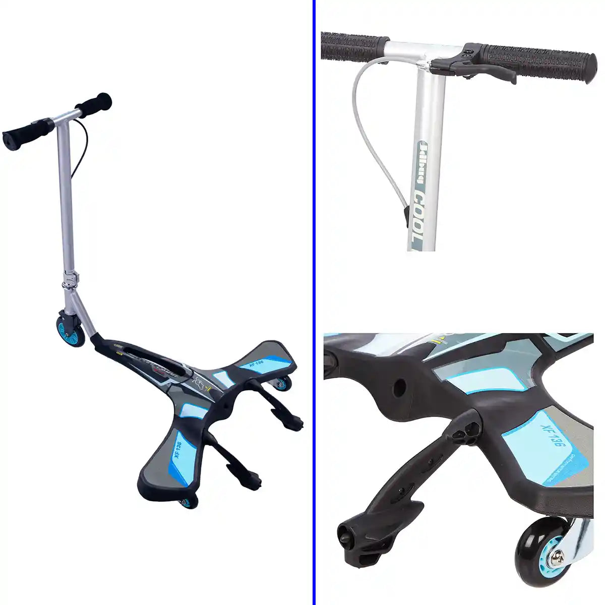 سكوتر JD Bug Cool Carver ثلاثي العجلات أزرق، هيكل معدني قابل للطي، عجلة أمامية من البولي يوريثان مقاس 5 بوصات، عجلات خلفية دوارة مقاس 3 بوصات، سعة تحميل 65 كجم، مناسب للأعمار من 5 سنوات فما فوق، سكوتر للأطفال