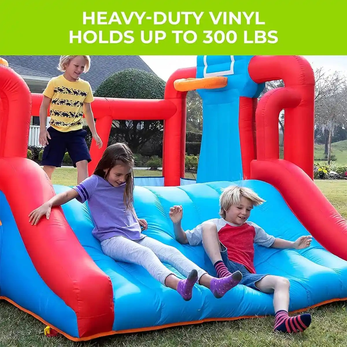 Step2 MAX Sports Full Court Basketball ‘n Slide Bouncer, Kids Inflatable Bounce House with Extra Heavy-Duty Blower, Vinyl, Blue, Outdoor Basketball Court, Ages 3+, Birthday Party Toy