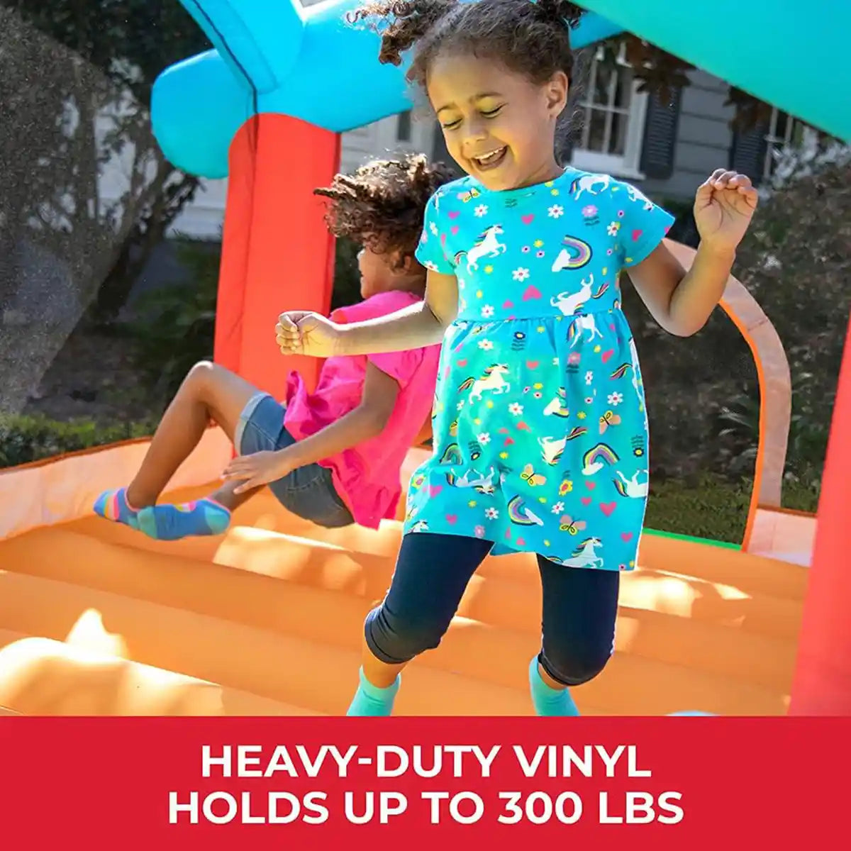 منزل قفز قابل للنفخ من ستيب 2 بلاي يارد، منزل قفز قابل للنفخ للأطفال مع أصوات تنشيط الحركة، أزرق، مناسب للعب في الهواء الطلق، منزلق وقفز، مناسب للأعمار من 3 سنوات فما فوق، لعبة ممتعة في الفناء الخلفي