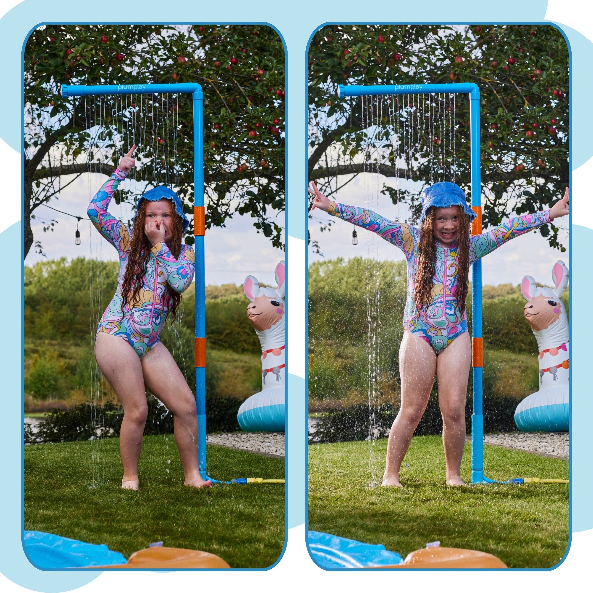 Plum Water Park Rain Wall with Height Adjustable Pole, Convenient and Easy to Store Summer Outdoor Water Play Backyard Toy, Suitable for Children 3 Years +, Blue