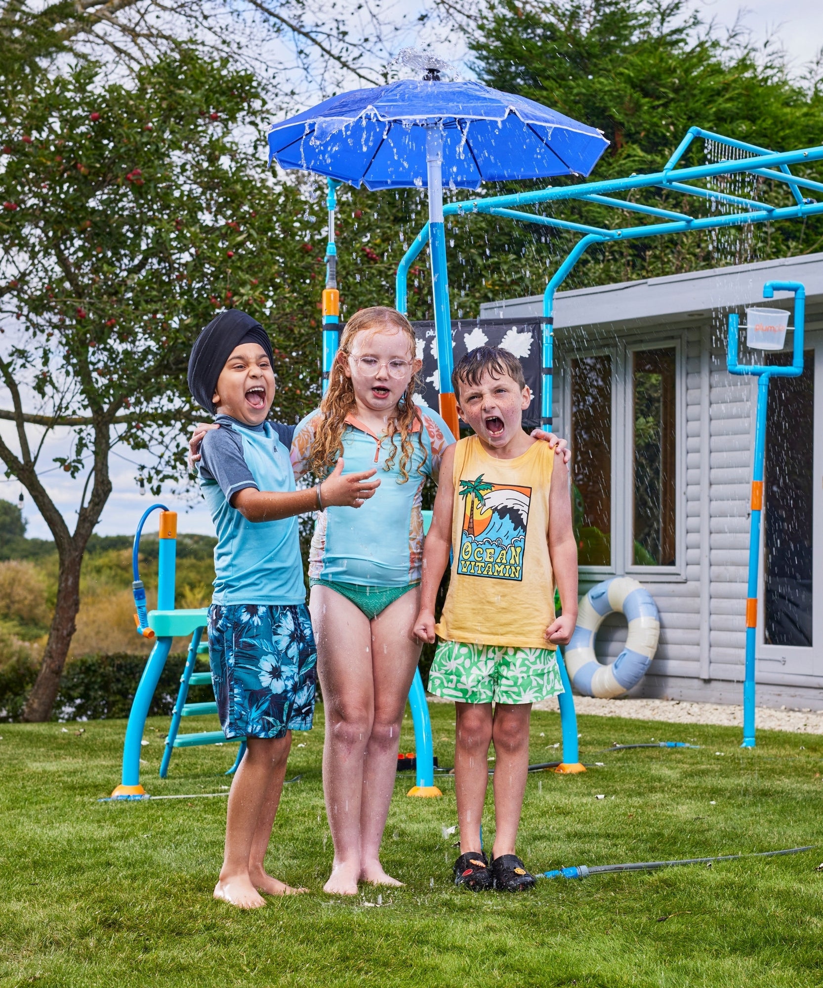 Plum Water Park Umbrella Fountain with Height Adjustable Pole, Convenient and Easy to Store Summer Outdoor Water Play Backyard Toy, Suitable for Children 3 Years +, Blue