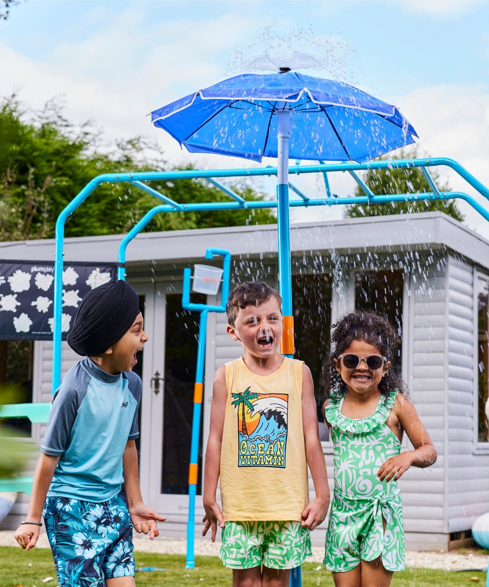 Plum Water Park Umbrella Fountain with Height Adjustable Pole, Convenient and Easy to Store Summer Outdoor Water Play Backyard Toy, Suitable for Children 3 Years +, Blue