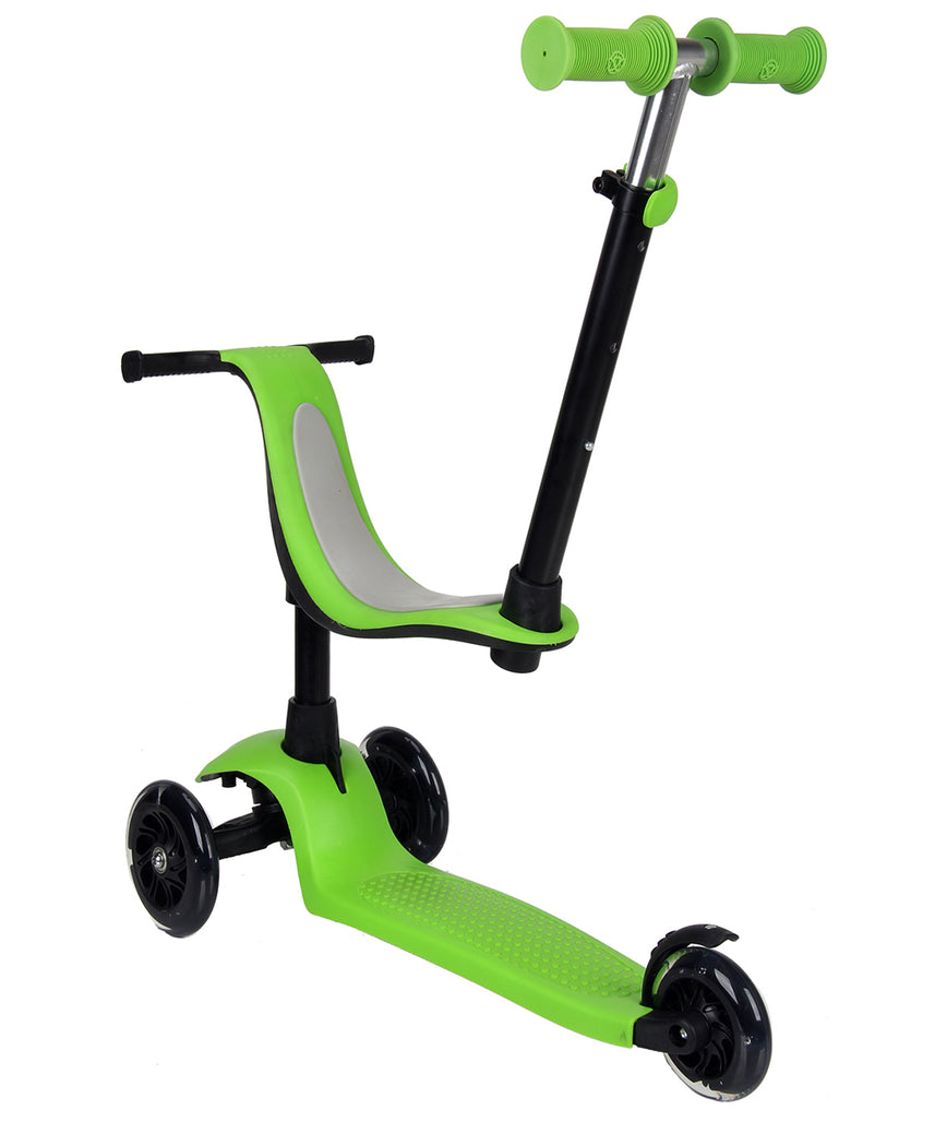 iSporter Fun Wheel Mini with Seat, 3-in-1 Toddler Ride-On and Scooter, Adjustable Handlebar, LED Wheels, Rear Brake, Ages 1+, Kids Scooter