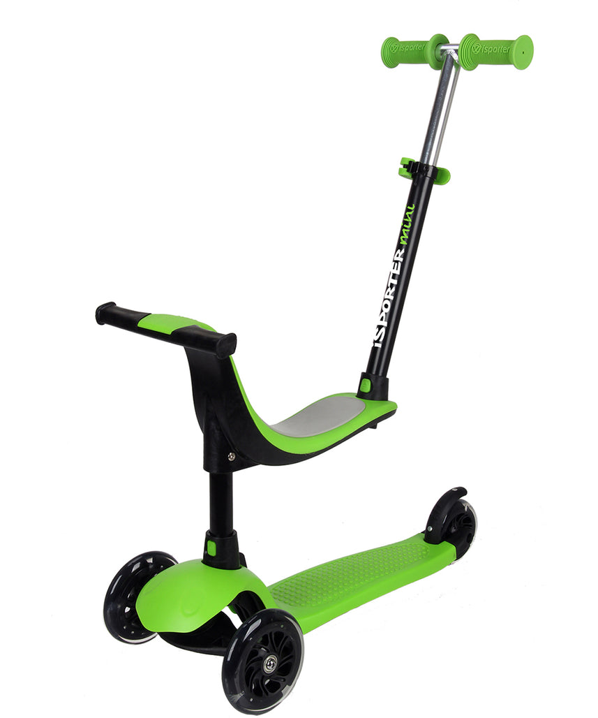 iSporter Fun Wheel Mini with Seat, 3-in-1 Toddler Ride-On and Scooter, Adjustable Handlebar, LED Wheels, Rear Brake, Ages 1+, Kids Scooter