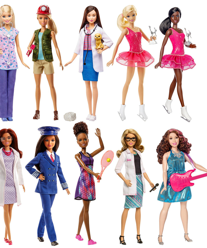 مجموعة دمى باربي المهنية (4 قطع): طبيبة، طاهية، لاعبة تنس، طيارة، ملابس وإكسسوارات مستوحاة من مسيرتها المهنية، مناسبة للأعمار من 3 سنوات فما فوق