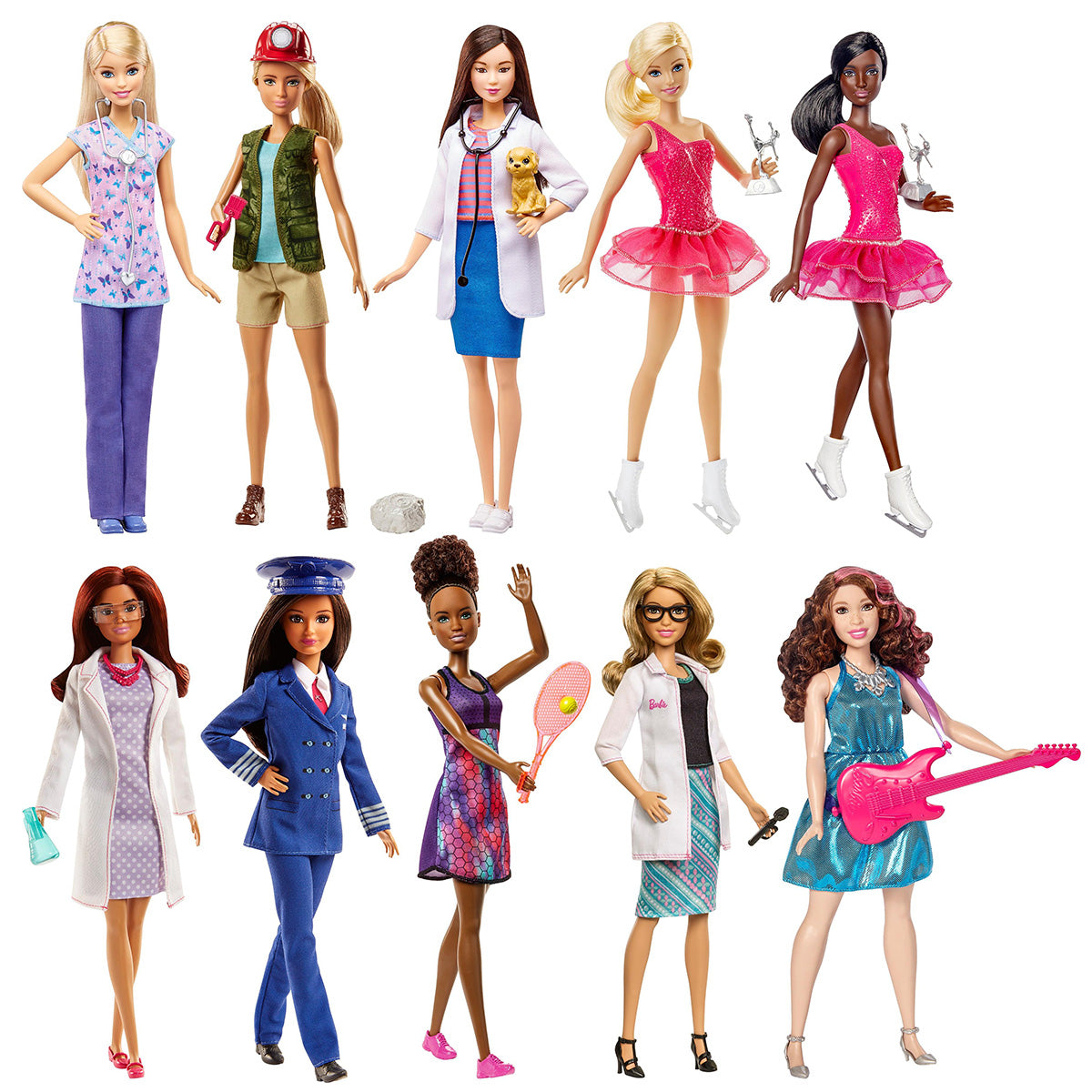 مجموعة دمى باربي المهنية (4 قطع): طبيبة، طاهية، لاعبة تنس، طيارة، ملابس وإكسسوارات مستوحاة من مسيرتها المهنية، مناسبة للأعمار من 3 سنوات فما فوق
