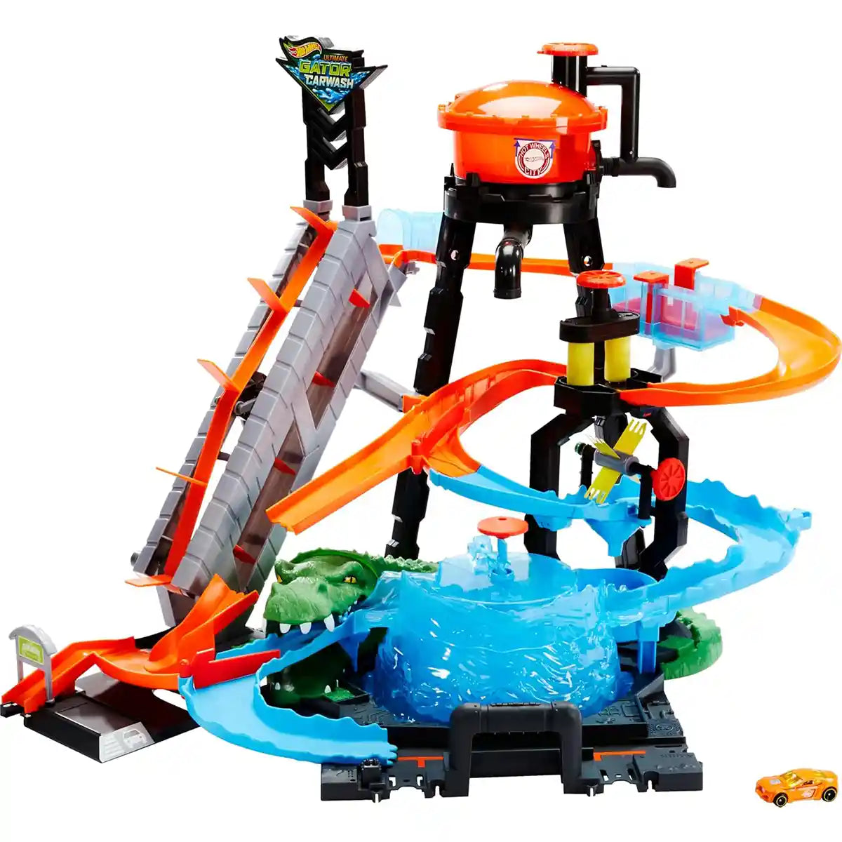 Hot Wheels City Ultimate Gator Car Wash Playset with Color Shifters Car, Manual Crank Elevator, Whirlpool Dunk Tank, and Giant Gator, Boys & Girls, Ages 4+