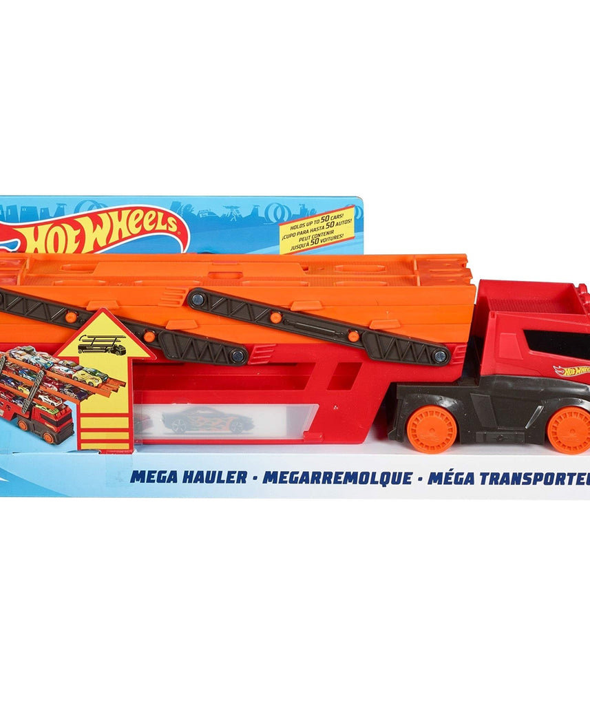 منصة نقل سيارات Hot Wheels LSV Mega Hauler Rig متعددة المستويات، تتسع لما يصل إلى 50 سيارة، متصلة بمسارات Hot Wheels، تتضمن منحدرًا ومساحة تخزين، ألعاب أطفال من سن 4 سنوات فما فوق