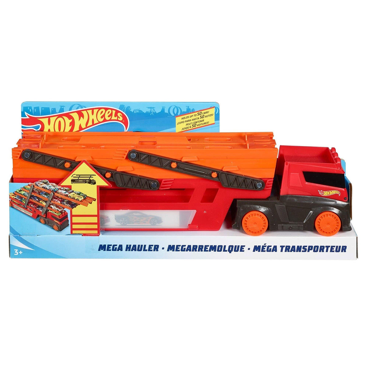 منصة نقل سيارات Hot Wheels LSV Mega Hauler Rig متعددة المستويات، تتسع لما يصل إلى 50 سيارة، متصلة بمسارات Hot Wheels، تتضمن منحدرًا ومساحة تخزين، ألعاب أطفال من سن 4 سنوات فما فوق
