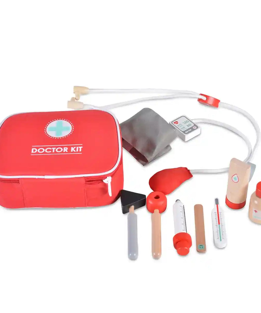 مجموعة الطبيب الخشبية من إديو فن للأطفال، مجموعة لعب أدوار كاملة مع سماعة طبية، ومقياس حرارة، وحقنة، وزجاجات دواء، وحقيبة حمل محمولة، لعبة تظاهر تعليمية للأطفال من سن 3 سنوات فما فوق