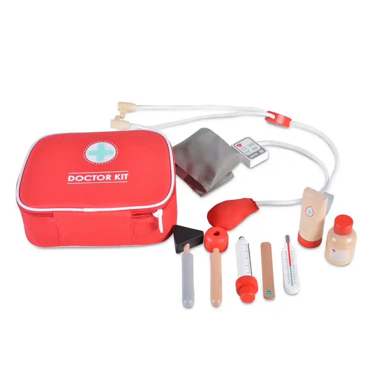مجموعة الطبيب الخشبية من إديو فن للأطفال، مجموعة لعب أدوار كاملة مع سماعة طبية، ومقياس حرارة، وحقنة، وزجاجات دواء، وحقيبة حمل محمولة، لعبة تظاهر تعليمية للأطفال من سن 3 سنوات فما فوق