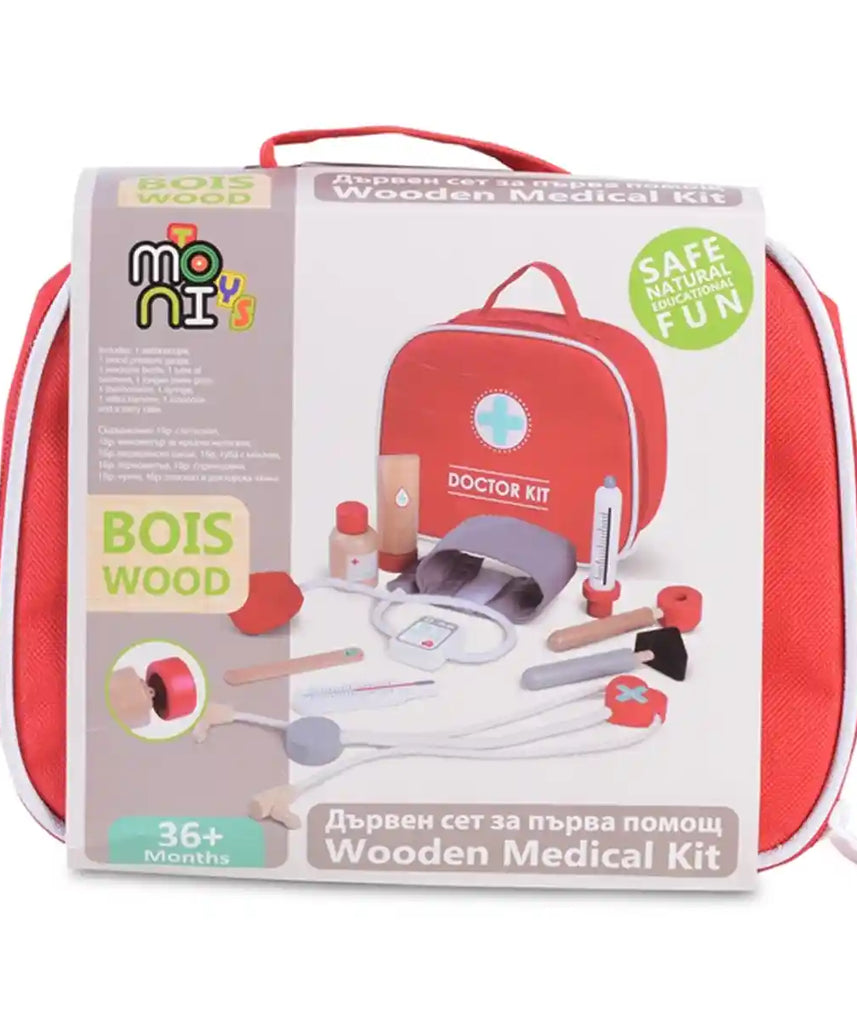 مجموعة الطبيب الخشبية من إديو فن للأطفال، مجموعة لعب أدوار كاملة مع سماعة طبية، ومقياس حرارة، وحقنة، وزجاجات دواء، وحقيبة حمل محمولة، لعبة تظاهر تعليمية للأطفال من سن 3 سنوات فما فوق