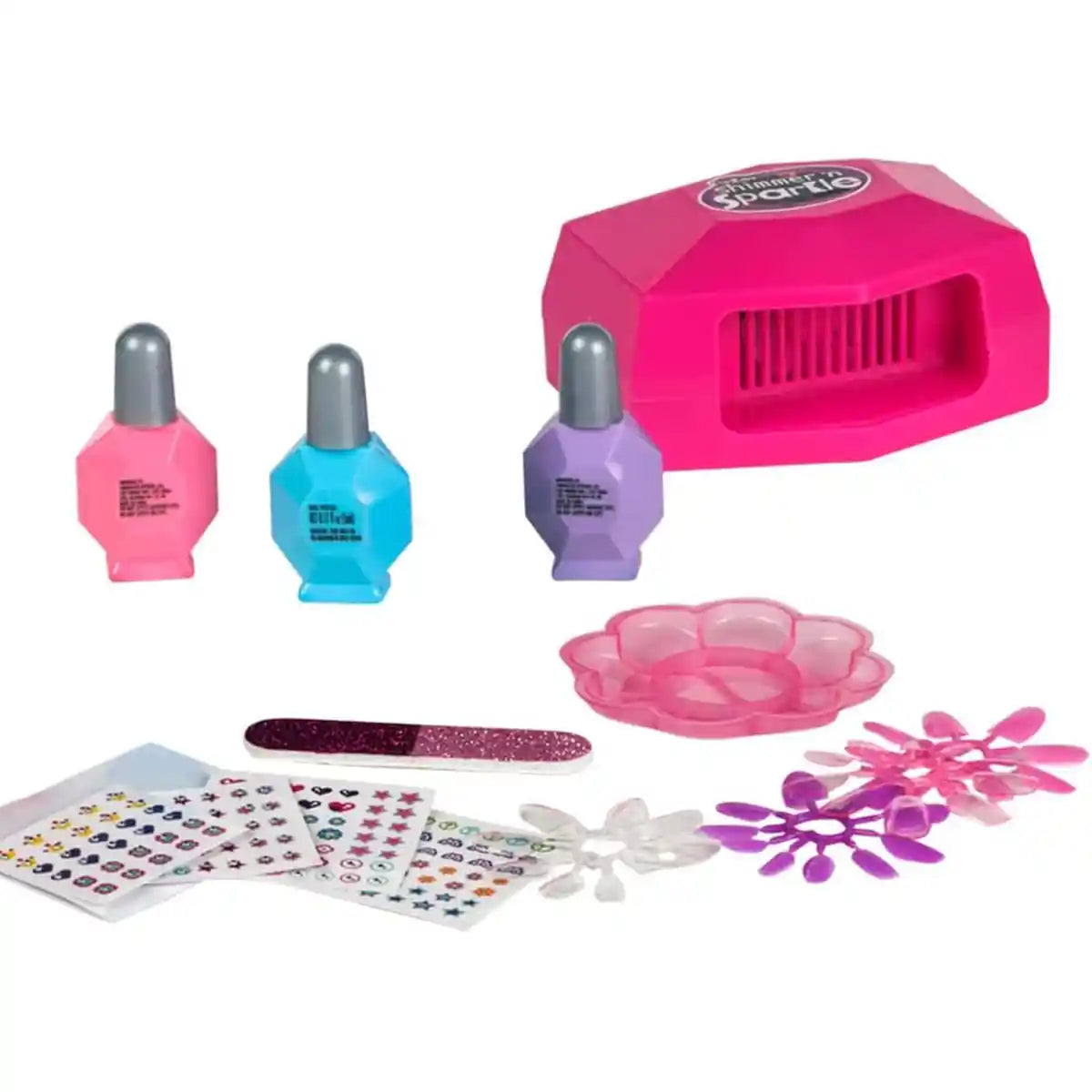 CraZart Shimmer & Sparkle Manicure Magic Nail Studio, 3 Nail Polishes + 2 Gem Sticker Sheets, Quick Dryer, DIY Nail Art Kit for Girls 6+