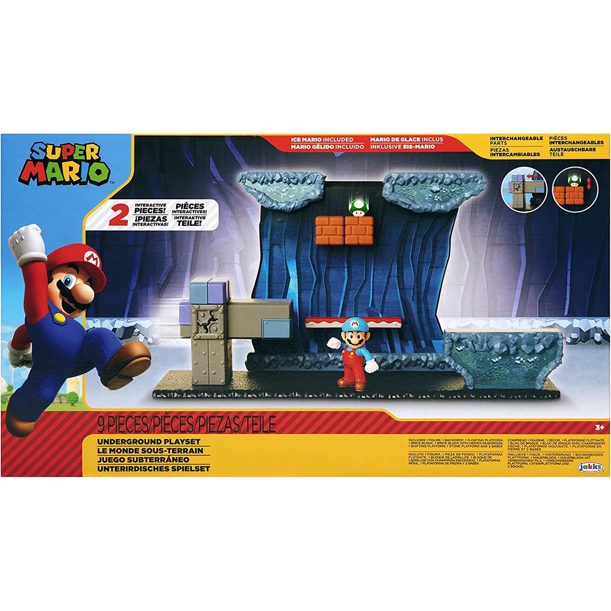 مجموعة ألعاب نينتندو سوبر ماريو أندرغراوند، مجسم ماريو الجليدي المفصل مقاس 2.5 بوصة، 5 قطع تفاعلية للبيئة، كتلة طوب مع فطر منبثق