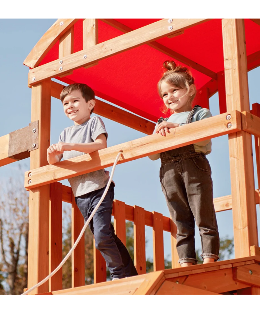 مجموعة ألعاب خارجية من ليتل تايكس ريل وود أدفنتشرز وايلدكات فولز، ملعب خشبي في الفناء الخلفي مع أراجيح وجسر حبلي ومنصات انزلاق ومنصة مراقبة، للأعمار من 3 سنوات فما فوق، مجموعات ألعاب ومعدات ملعب