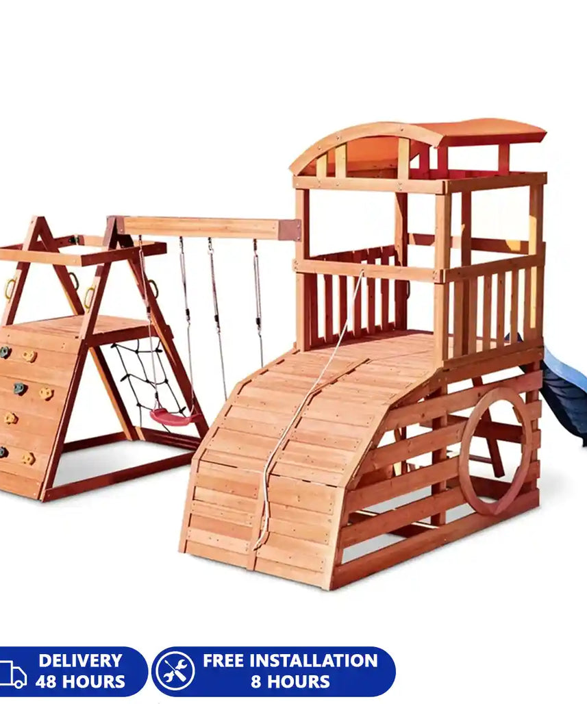 مجموعة ألعاب خارجية من ليتل تايكس ريل وود أدفنتشرز وايلدكات فولز، ملعب خشبي في الفناء الخلفي مع أراجيح وجسر حبلي ومنصات انزلاق ومنصة مراقبة، للأعمار من 3 سنوات فما فوق، مجموعات ألعاب ومعدات ملعب