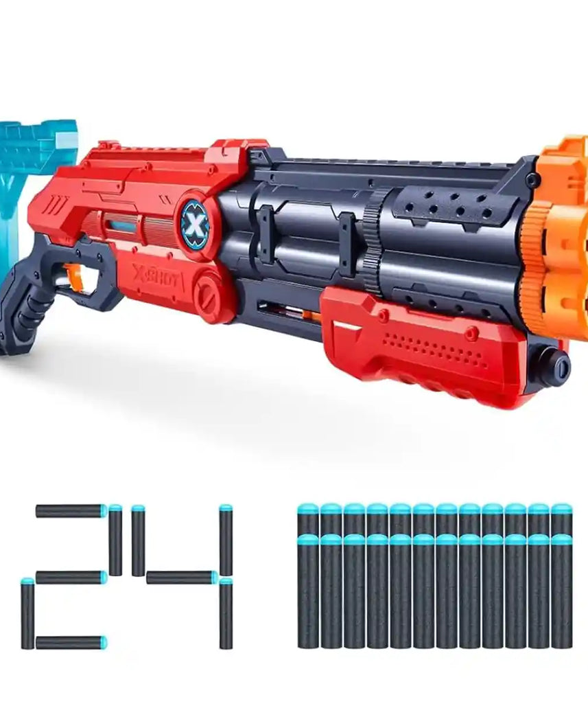 مسدس سهام XSHOT Excel Vigilante أحمر من الفوم، مزود بمضخة مزدوجة الماسورة، سريع الإطلاق، يتضمن 24 سهمًا و4 أهداف، بمخزون قابل للتعديل، مدى طويل 90 قدمًا، لعبة قتال للأطفال والمراهقين والبالغين