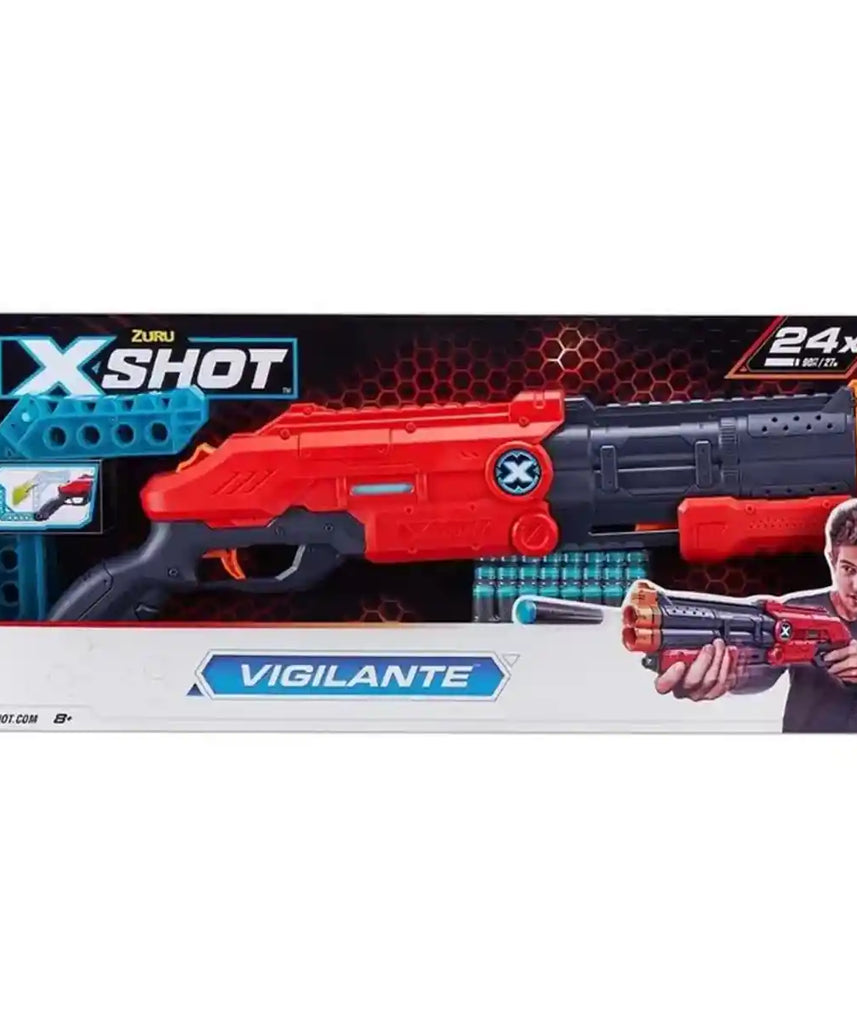 مسدس سهام XSHOT Excel Vigilante أحمر من الفوم، مزود بمضخة مزدوجة الماسورة، سريع الإطلاق، يتضمن 24 سهمًا و4 أهداف، بمخزون قابل للتعديل، مدى طويل 90 قدمًا، لعبة قتال للأطفال والمراهقين والبالغين