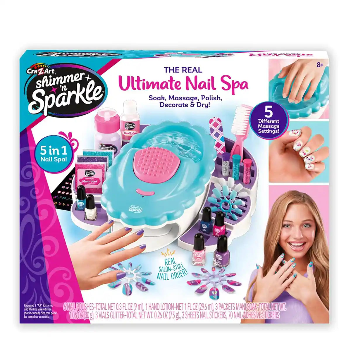 Shimmer n Sparkle Ultimate Nail Spa 65506, All-in-One Manicure & Pedicure Kit with 4 Massage Modes, Hand Soak, Polishes, Stickers, Lotion & Real Nail Dryer, DIY Spa Kit for Kids 3+