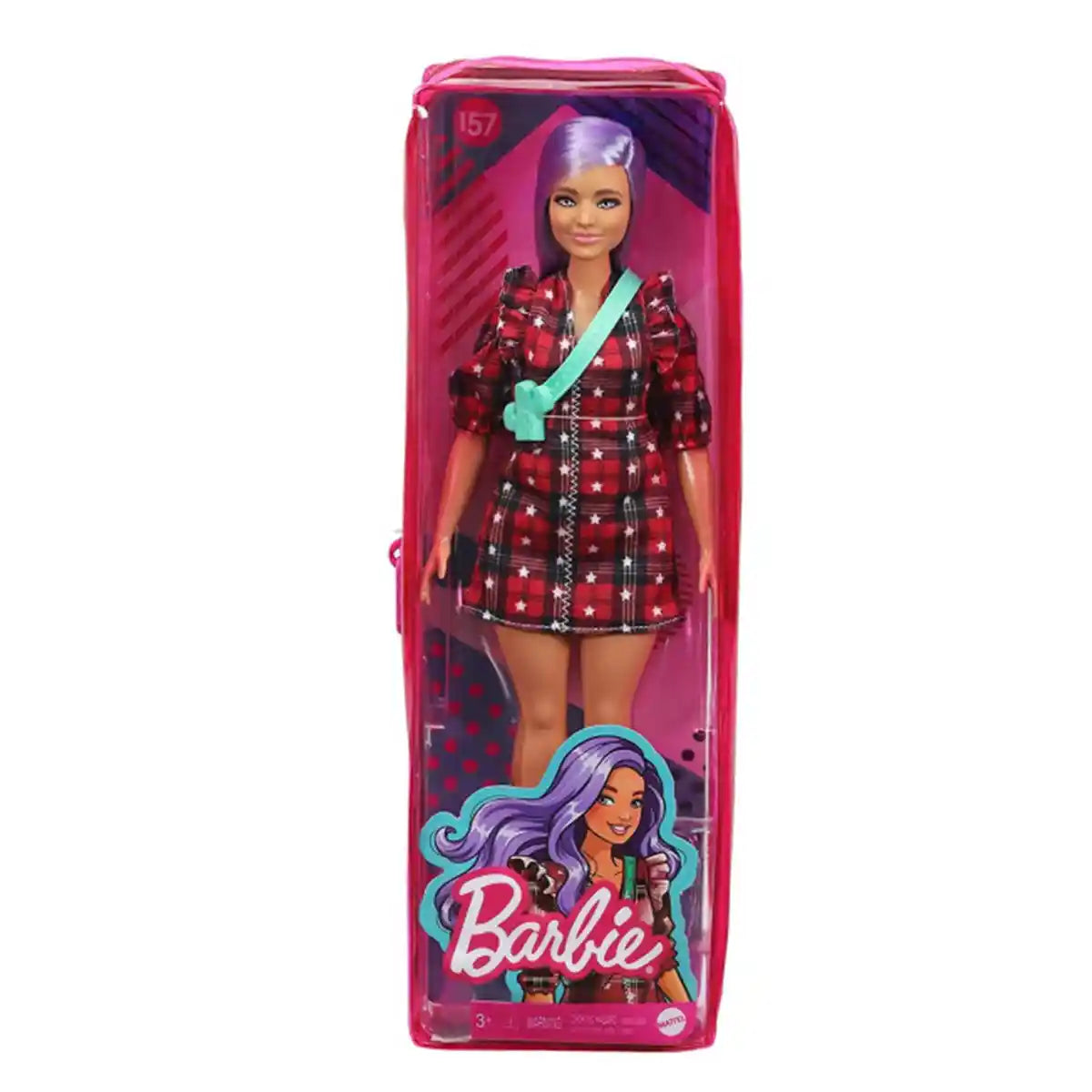 Barbie Fashionistas Doll #157, Curvy with Lavender Hair, Red Plaid Dress, White Cowboy Boots & Teal Cactus Bag, GRB49