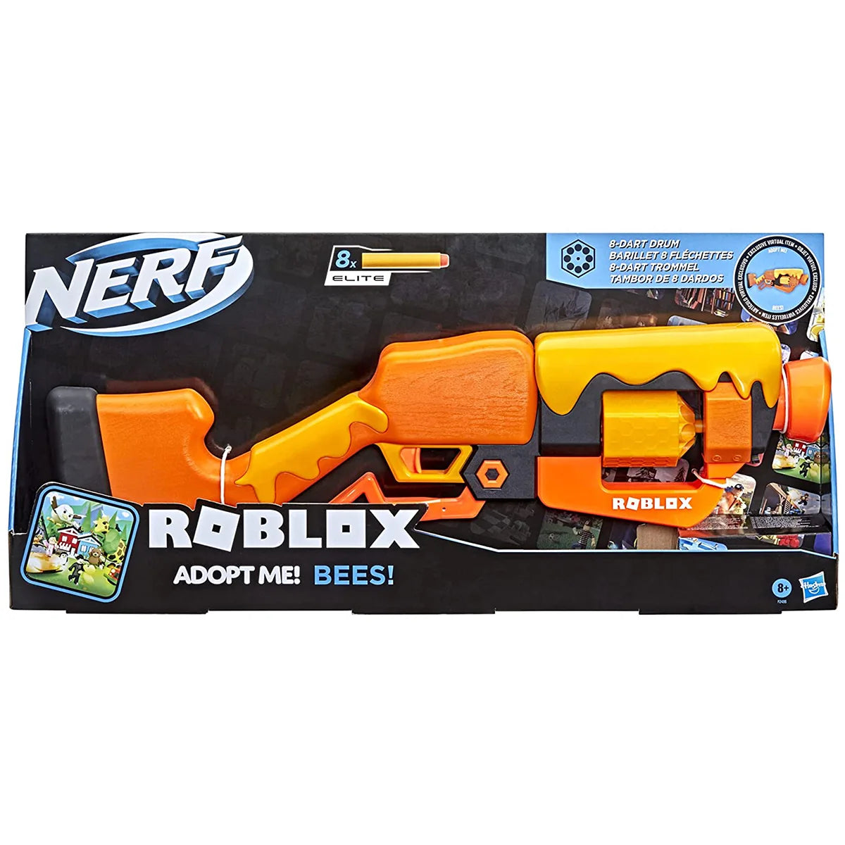 لعبة نيرف روبلوكس "تبنّني!"، مسدس سهام "بيز" بذراع رافعة، أسطوانة دوارة بثمانية سهام، ثمانية سهام "نيرف إيليت"، رمز مشتريات افتراضية حصري، للعب داخل المنزل وخارجه