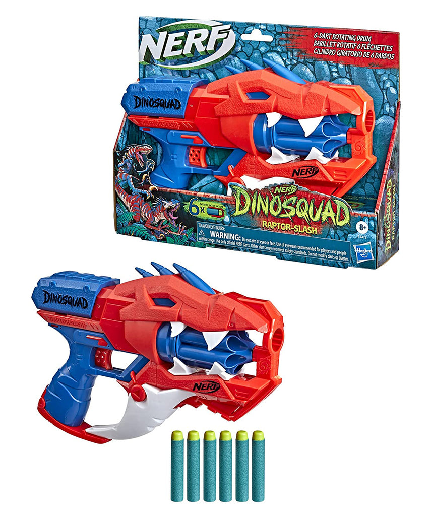 Nerf DinoSquad Raptor-Slash Dart Blaster, 6-Dart Rotating Drum, Slam-Fire Action, 6 Official Nerf Elite Darts, Velociraptor Dinosaur Design, Multicolour