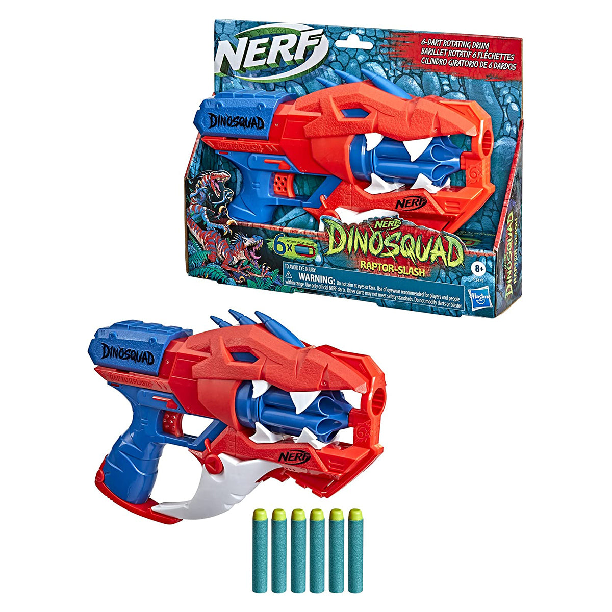 مسدس رمي السهام رابتور سلاش من نيرف، أسطوانة دوارة بستة سهام، آلية إطلاق النار، ستة سهام نيرف إيليت رسمية، تصميم ديناصور فيلوسيرابتور، متعدد الألوان