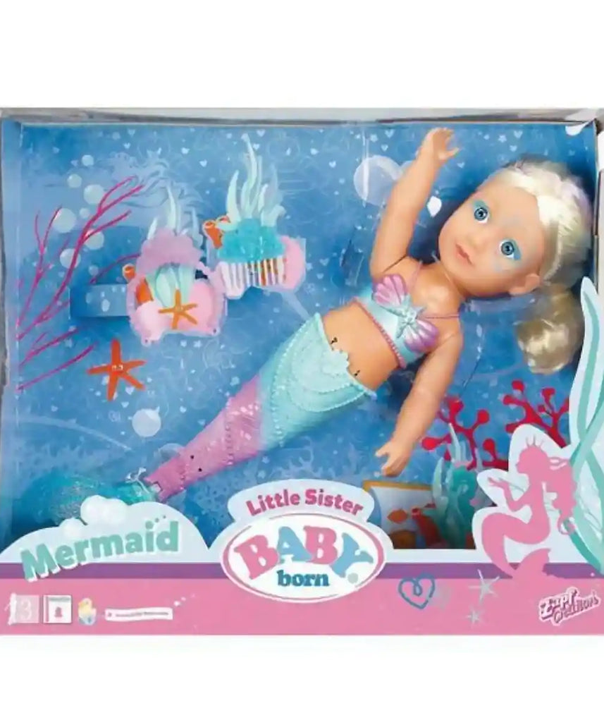دمية حورية البحر من بيبي بورن، دمية بطول 43 سم مع زعنفة ذيل مضيئة، تأثير متغير اللون، شعر طويل ملون، إكسسوار تاج، مناسبة للأعمار من 3 سنوات فما فوق، دمى ومنازل وإكسسوارات