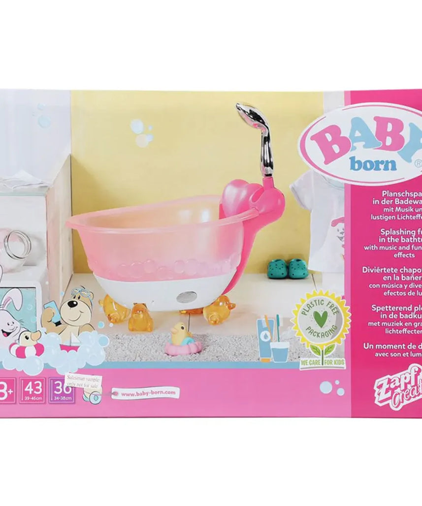 مجموعة لعب بيبي بورن سبلاشينج فن إن ذا باث توب، حوض استحمام للدمى مع أضواء وأصوات ودش أوتوماتيكي وملحق على شكل بطة، للأعمار من 3 سنوات فما فوق، دمى ومنازل وإكسسوارات