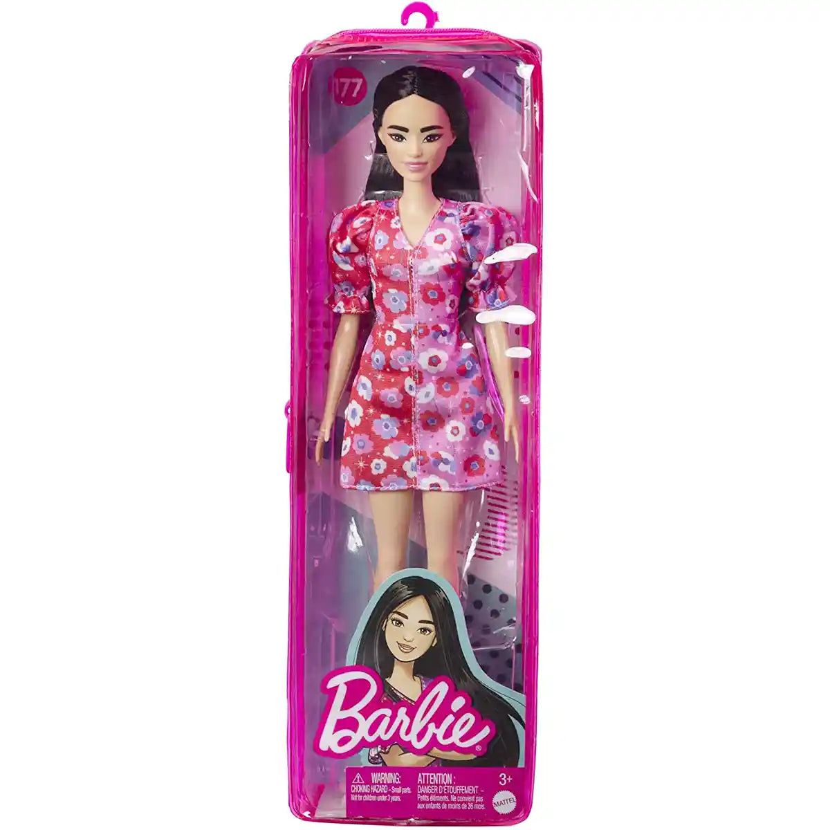 Barbie Fashionistas Doll Long Black Hair Color Block Floral Dress Puffed Sleeves Purple Heels Butterfly Ring Toy for Kids 3 to 8 Years