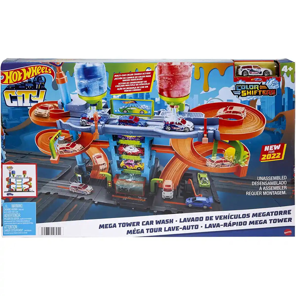 Hot Wheels City Mega Car Wash Playset with 1 Color Shifters Car, No-Mess Water Play, Track Features, Connects to Other Sets, Kids Toys for Ages 3 and Up