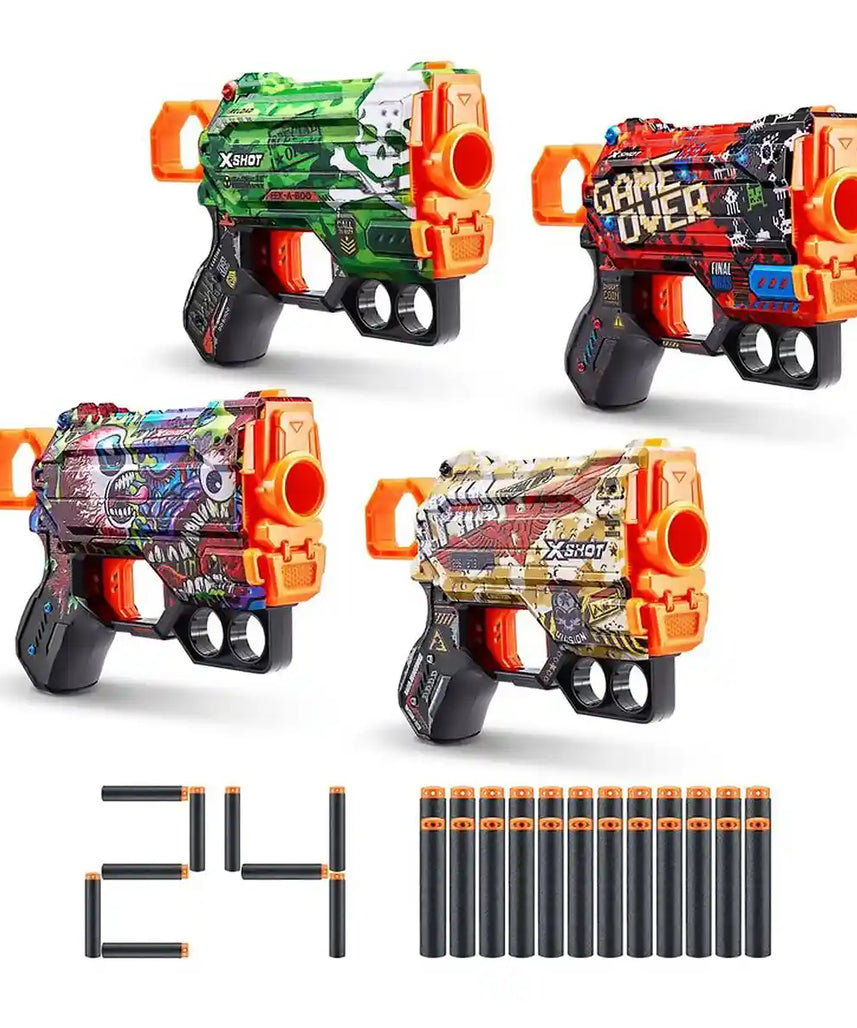 مجموعة مسدسات السهام X-Shot Skins Menace، 4 قطع، 24 سهمًا من الفوم، تقنية Air Pocket، سهم واحد + 2 سهم للتخزين، ألوان متعددة، مدى 27 شهرًا، للأعمار من 8 سنوات فما فوق