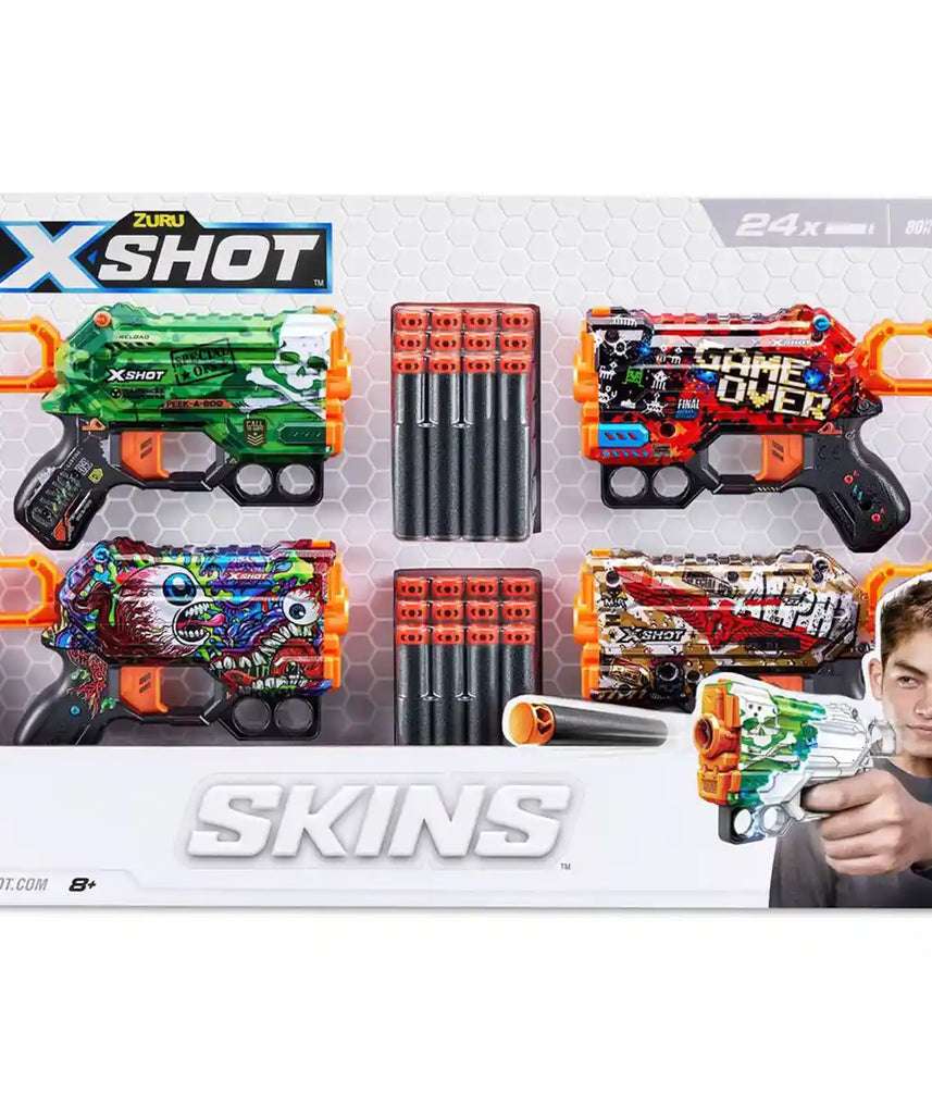 مجموعة مسدسات السهام X-Shot Skins Menace، 4 قطع، 24 سهمًا من الفوم، تقنية Air Pocket، سهم واحد + 2 سهم للتخزين، ألوان متعددة، مدى 27 شهرًا، للأعمار من 8 سنوات فما فوق