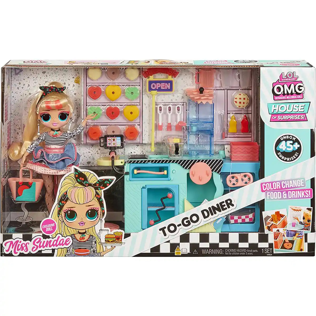 مجموعة ألعاب LOL Surprise OMG Miss Sundae To-Go Diner مع دمية أزياء حصرية، أكثر من 45 مفاجأة، ميزات تغيير اللون، ملحقات مطبخ للأطفال من سن 3 سنوات فما فوق