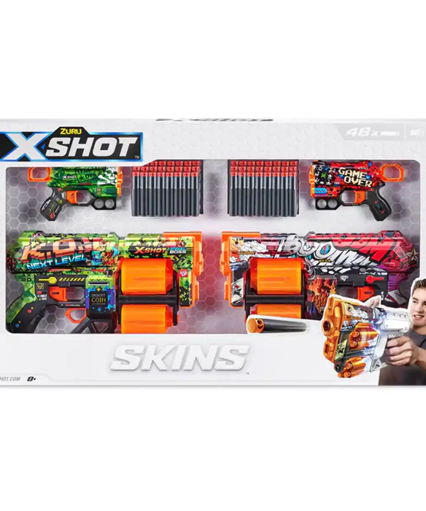مجموعة إكس شوت سكينز دبل دريد دبل مينس المكونة من 4 مسدسات، 48 سهمًا إسفنجيًا، تقنية الجيب الهوائي، دوران مزدوج وسعة سهم واحد، مدى 27 مترًا، ألوان متعددة، للأعمار من 8 سنوات فما فوق