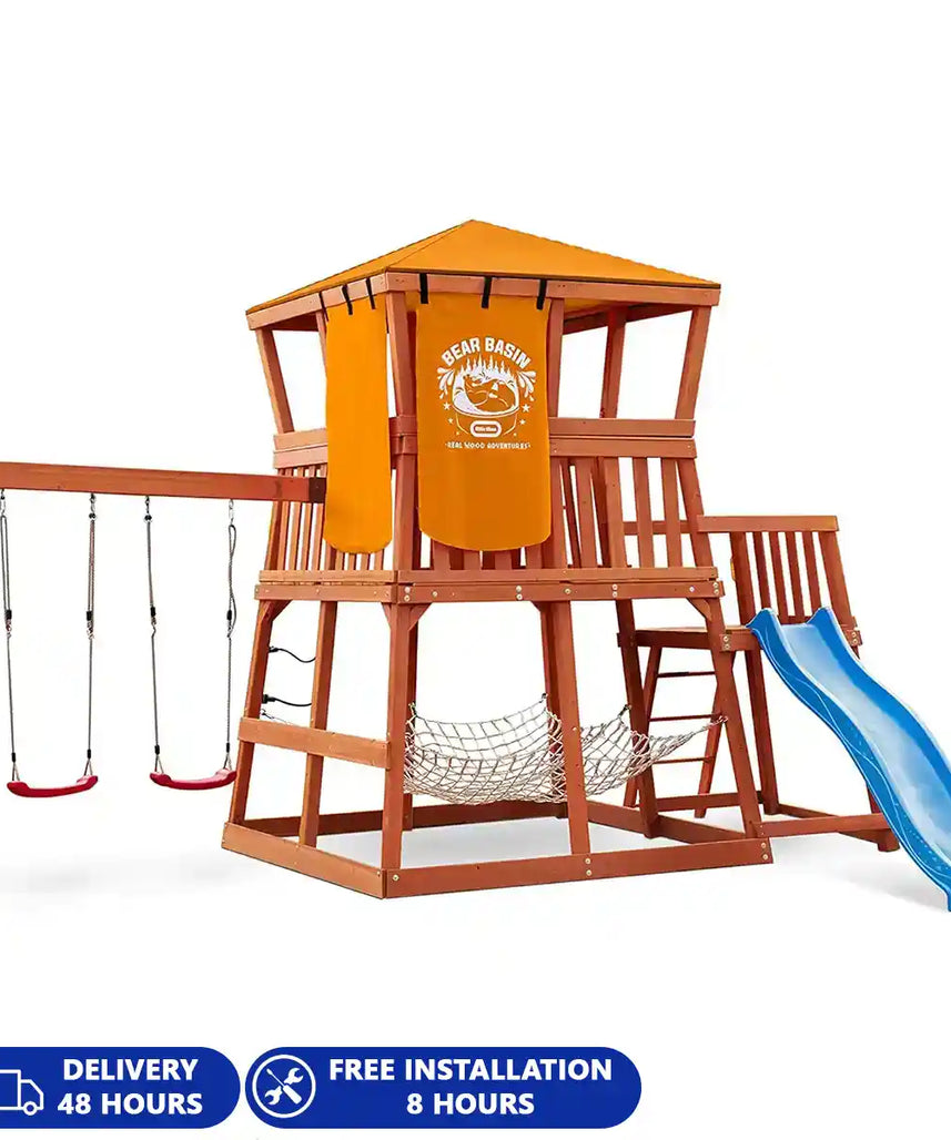 مجموعة ألعاب خارجية من ليتل تايكس مغامرات الدب من الخشب الحقيقي، ملعب خشبي في الفناء الخلفي مع أراجيح، وزحليقة، ونادي، وشبكة شحن، وبرج مراقبة، للأعمار من 3 سنوات فما فوق، مجموعات ألعاب ومعدات ملعب