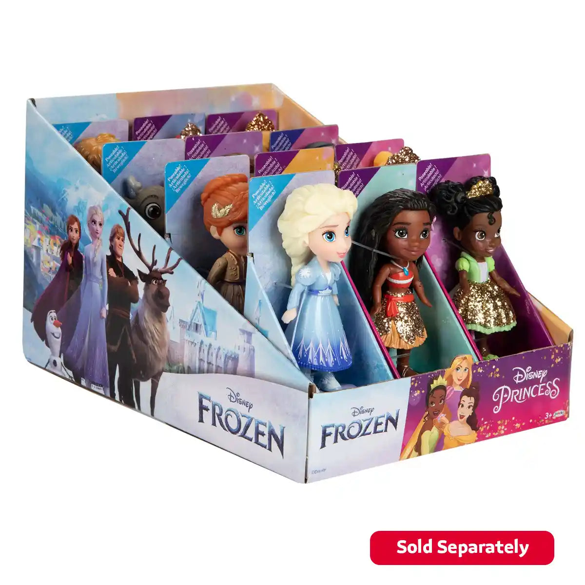 دمى ديزني برنسيس وفروزن الصغيرة للأطفال الصغار مقاس 3 بوصات قابلة للتجميع، تتضمن موانا، بيل، مولان، تيانا، إلسا، كريستوف، سفين، أولاف، والمزيد - لعبة تظاهرية للبنات من سن 3 سنوات فما فوق