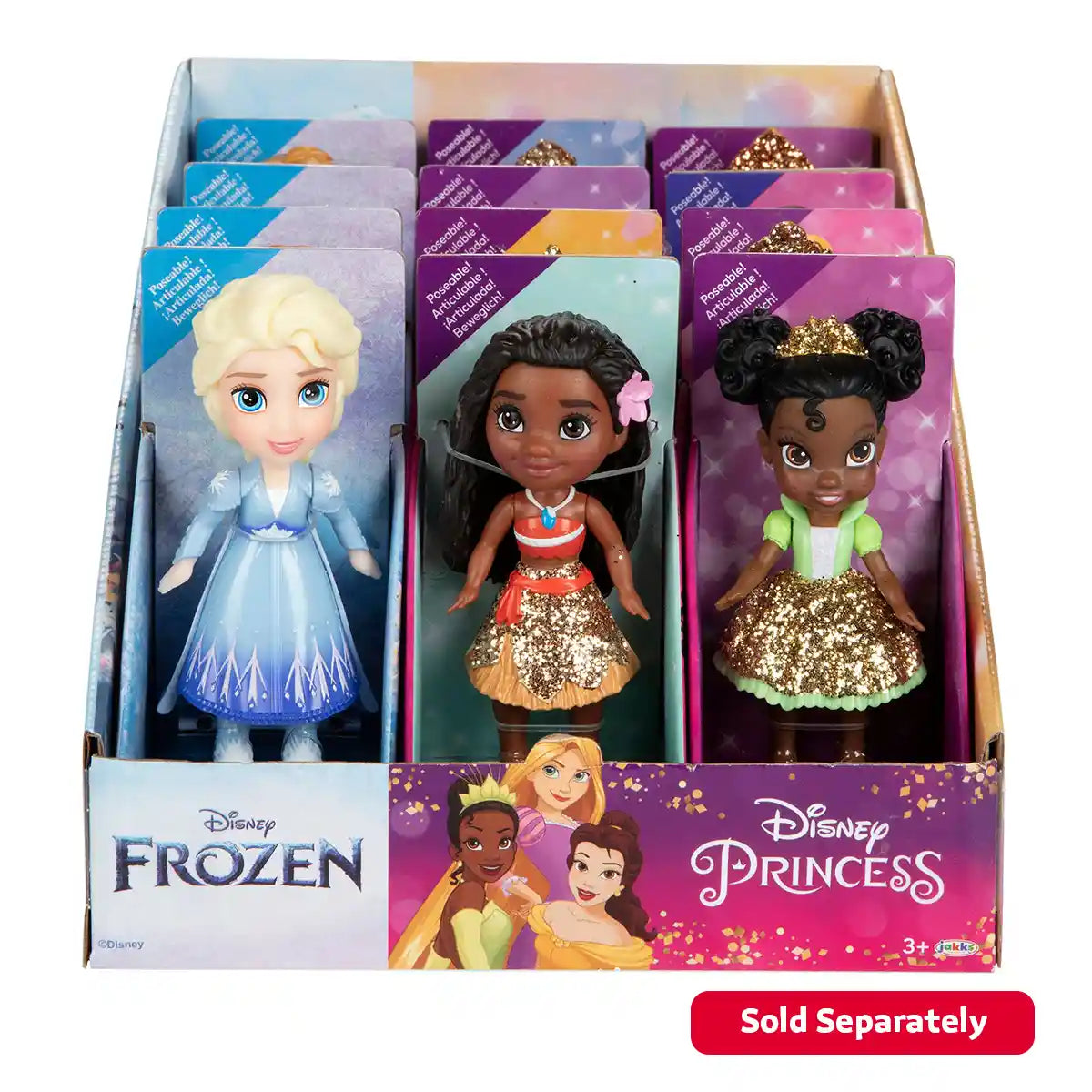 دمى ديزني برنسيس وفروزن الصغيرة للأطفال الصغار مقاس 3 بوصات قابلة للتجميع، تتضمن موانا، بيل، مولان، تيانا، إلسا، كريستوف، سفين، أولاف، والمزيد - لعبة تظاهرية للبنات من سن 3 سنوات فما فوق