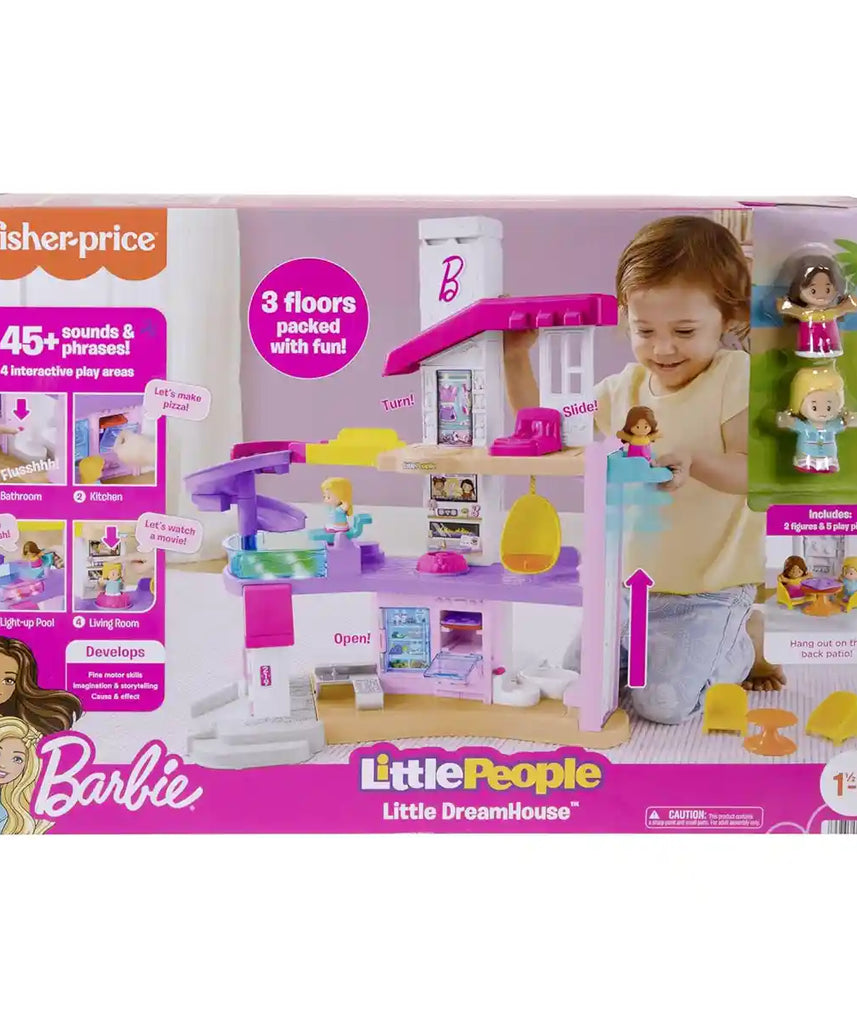 فيشر برايس باربي ليتل دريم هاوس ليتل بيبول، مجموعة ألعاب تفاعلية للأطفال الصغار مع مصعد ومنزلق حلزوني وأضواء وموسيقى وشخصيات مناسبة للأعمار من 18 شهرًا فما فوق