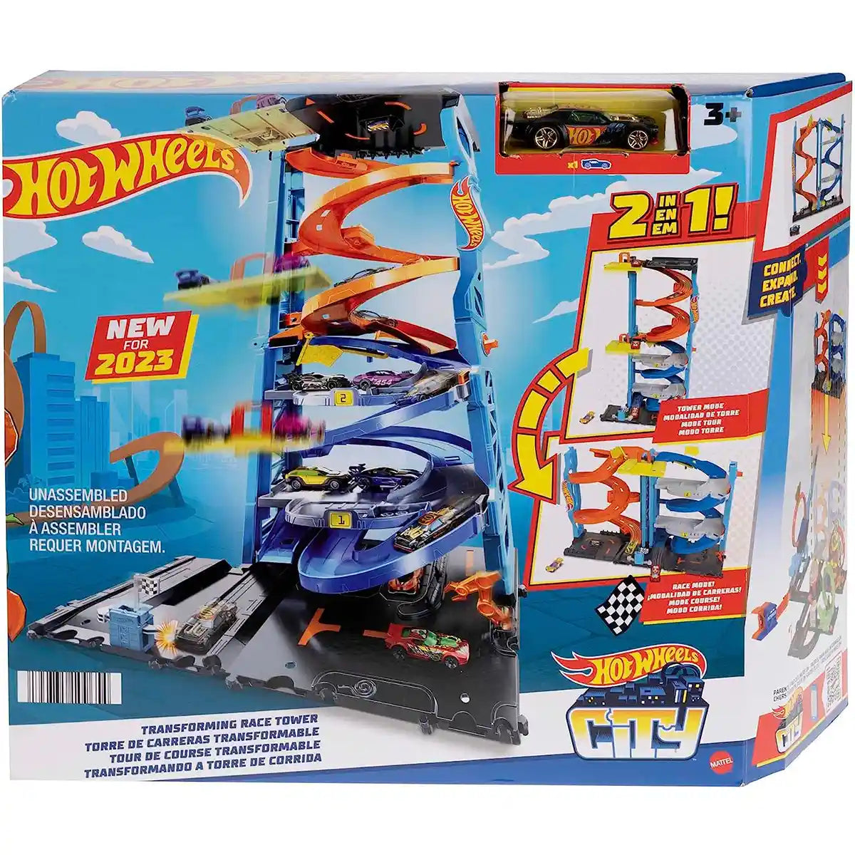 Hot Wheels City Transforming Race Tower Playset, 26-Inch Track Set with 1 Hot Wheels Car, Dual-Lane Racing, Elevator, Twist Tracks, Kids Toys for Ages 3+