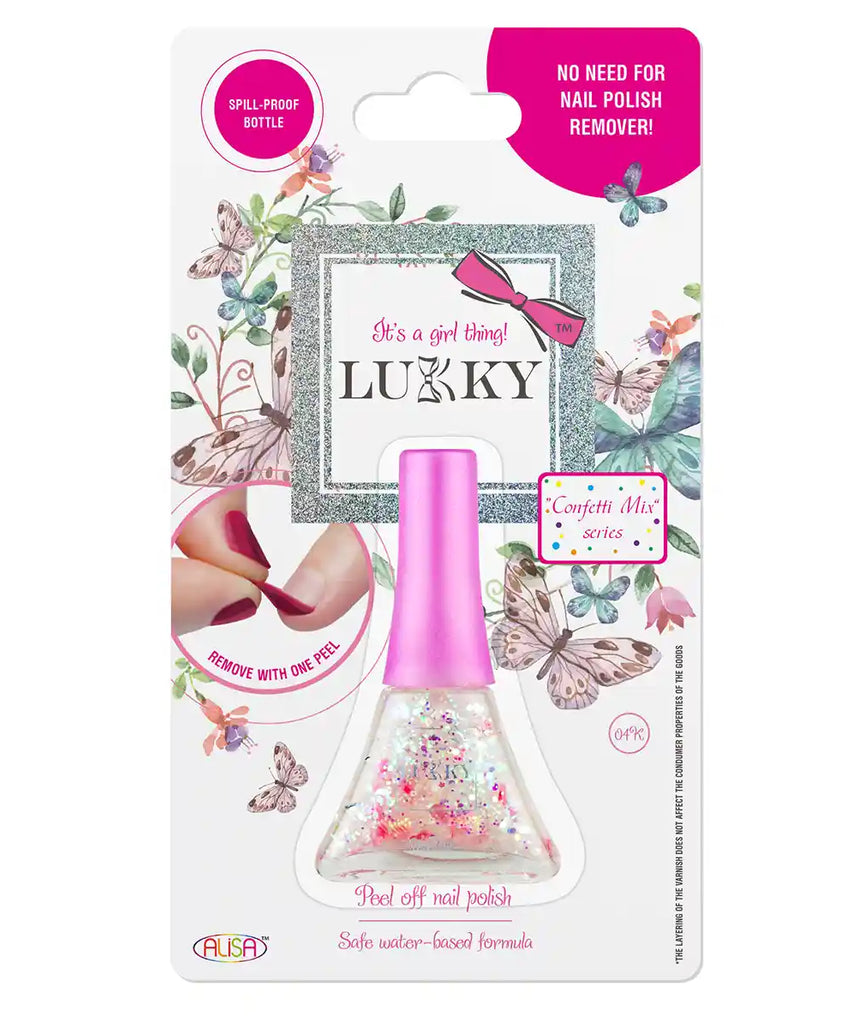 طلاء أظافر لوكي القابل للتقشير مع قطع من طلاء الأظافر الوردي والأبيض والزهور، تركيبة مائية، مقاوم للانسكاب، آمن للأطفال، سهل الاستخدام والإزالة، لا يحتاج إلى مزيل طلاء أظافر، 5.5 مل