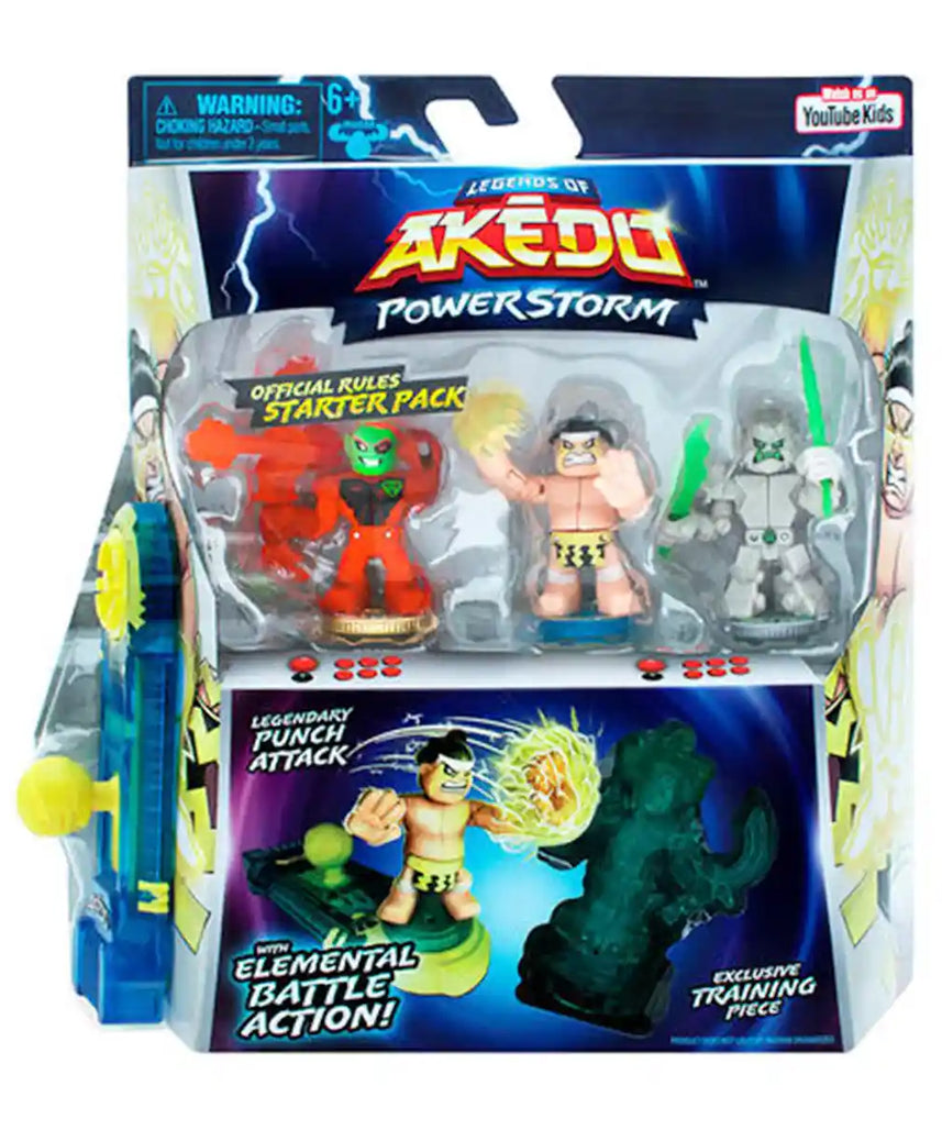 مجموعة لعب Moose Toys Akedo Legends of Power Storm ذات القواعد الرسمية للمبتدئين مع 3 محاربين متقاتلين، تمثال حجري للتدريب، ووحدة تحكم عصا تحكم حصرية للأطفال من سن 6 سنوات فما فوق - مجموعات ألعاب