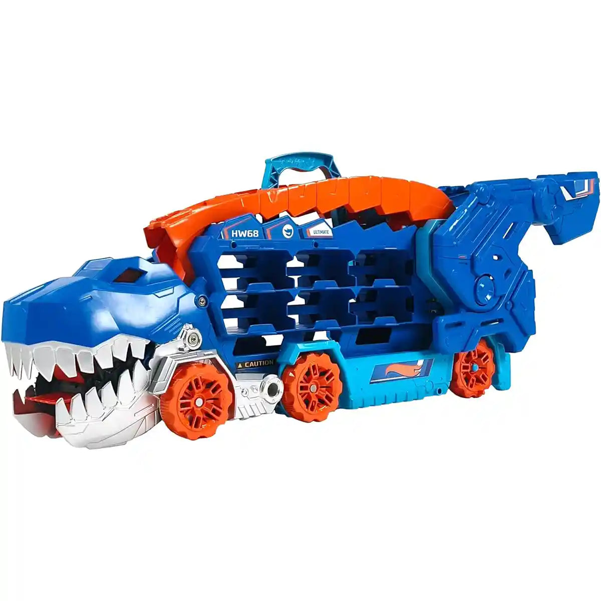 Hot Wheels City Ultimate Hauler T Rex Dinosaur Transporter, Transforms into Dino with Race Track, Stores 20+ 1:64 Die Cast Cars, Lights and Sounds, Includes 2 Cars, Kids Toy Playset, 4+ Years