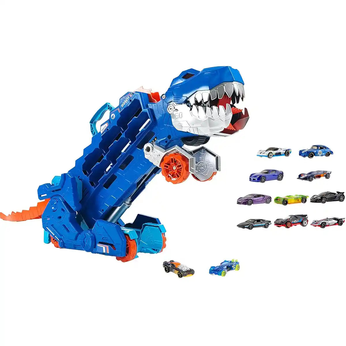 Hot Wheels City Ultimate Hauler T Rex Dinosaur Transporter, Transforms into Dino with Race Track, Stores 20+ 1:64 Die Cast Cars, Lights and Sounds, Includes 2 Cars, Kids Toy Playset, 4+ Years