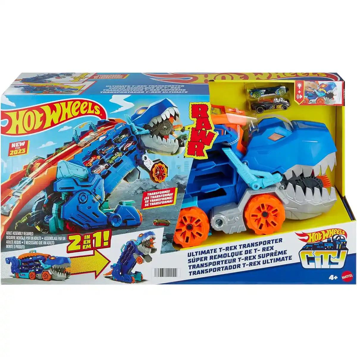 Hot Wheels City Ultimate Hauler T Rex Dinosaur Transporter, Transforms into Dino with Race Track, Stores 20+ 1:64 Die Cast Cars, Lights and Sounds, Includes 2 Cars, Kids Toy Playset, 4+ Years