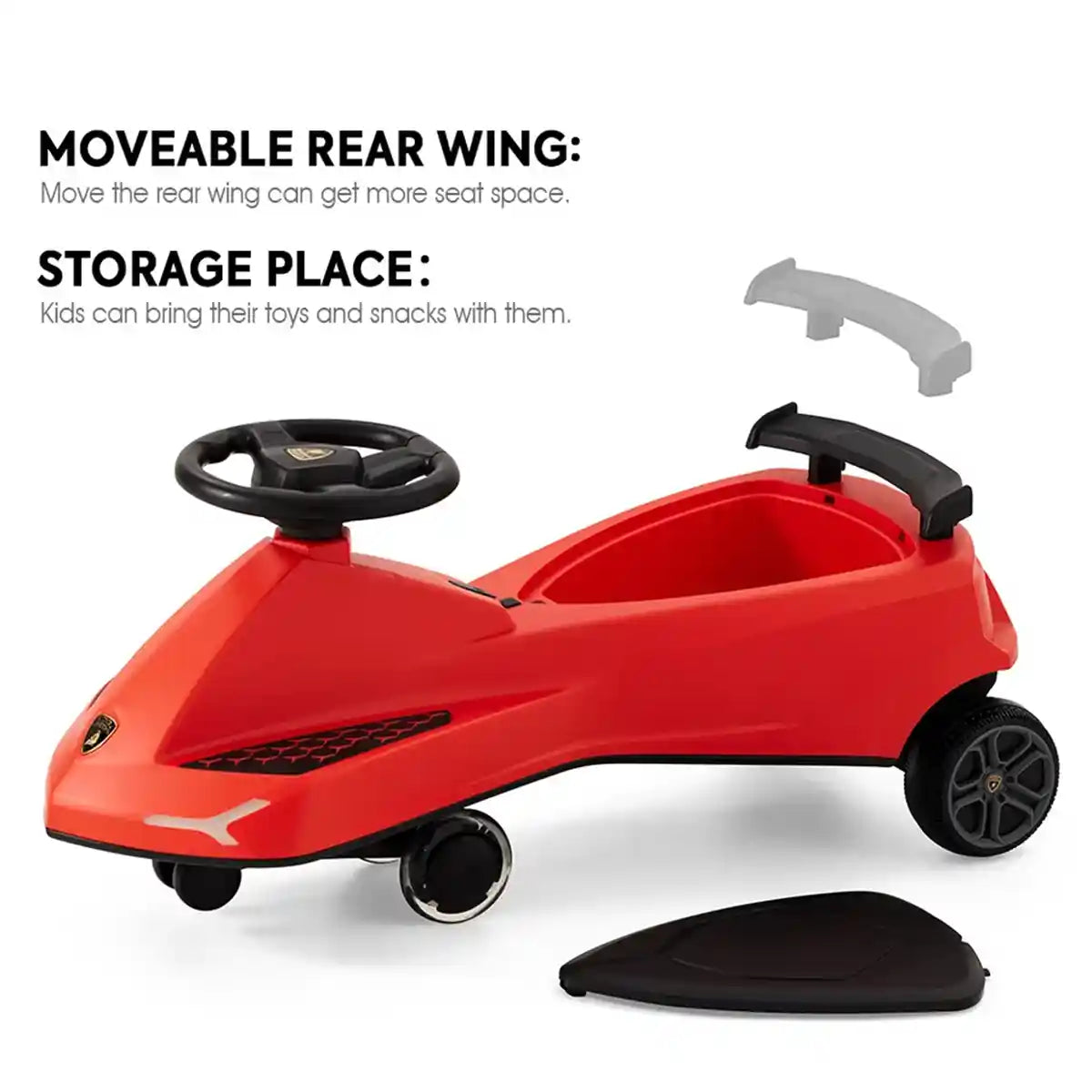 سيارة لامبورغيني سوينغ كار للأطفال، لون أحمر، مزودة بأضواء وبوق، هيكل من مادة TPE، مقعد واحد، مناسبة للأعمار من 3 سنوات فما فوق