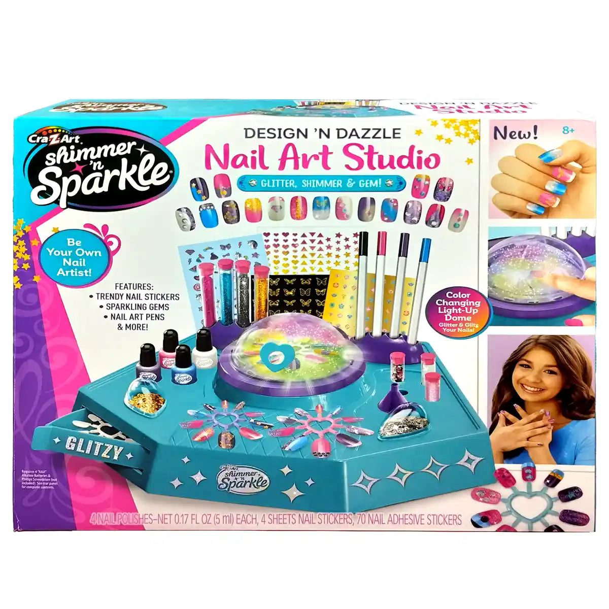 استوديو كري-زي-آرت شيمر آند سباركل ديزاين آند دازل لفن الأظافر، طقم فن أظافر اصنعيه بنفسك، قبة لامعة متغيرة اللون، طلاء أظافر، ترتر، ملصقات وإكسسوارات، مجموعة تجميل إبداعية للأطفال من سن 6 سنوات فما فوق