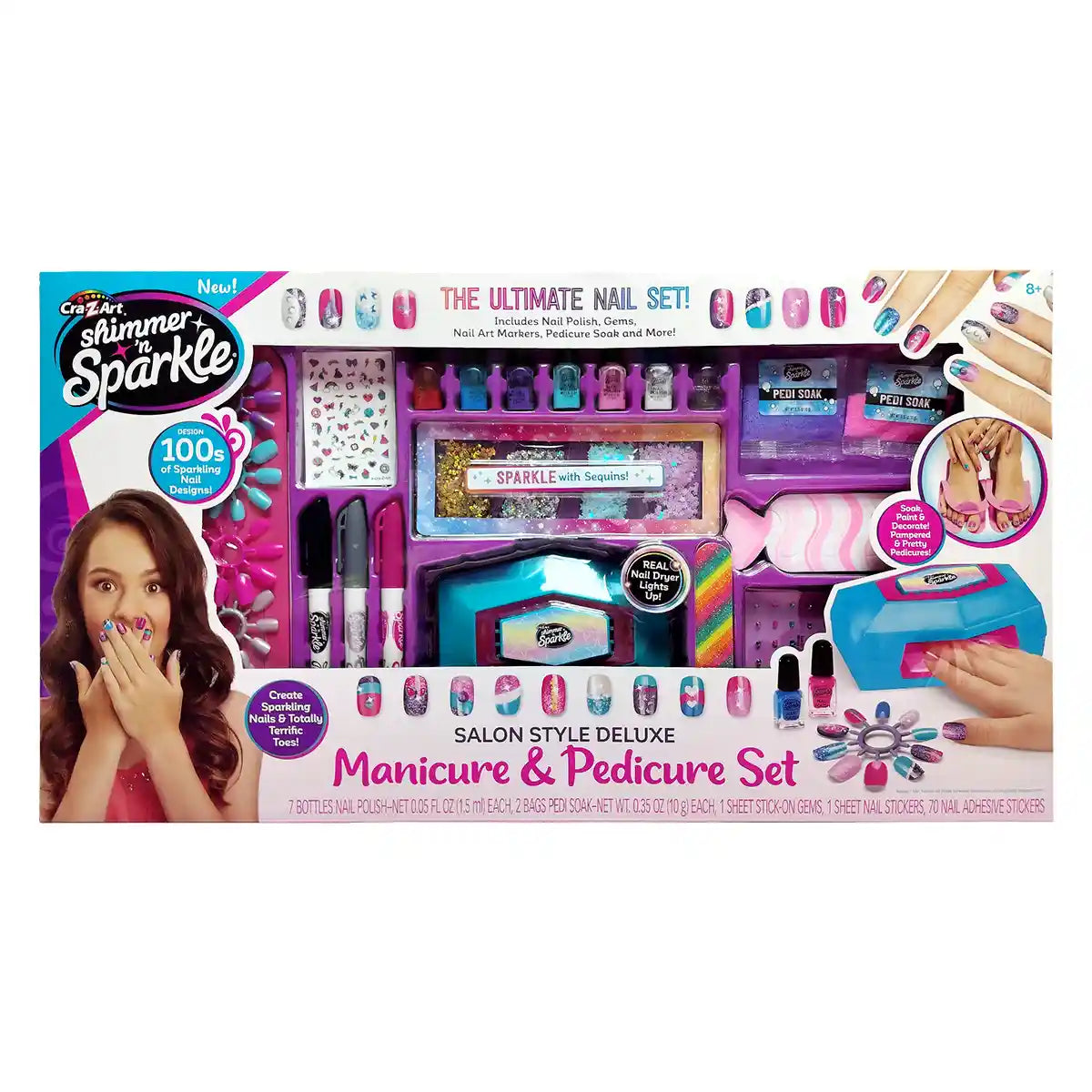 Shimmer N Sparkle Salon Style Deluxe Manicure & Pedicure SNS-65590, Nail Paints + Art Markers + Stickers + Glitter + Spa Foot Bath, Creative Beauty Set for Kids 8+